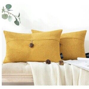 Set of 2 Vintage Modern Farmhouse Pillow Covers 20x20 Mustard Yellow with Button
